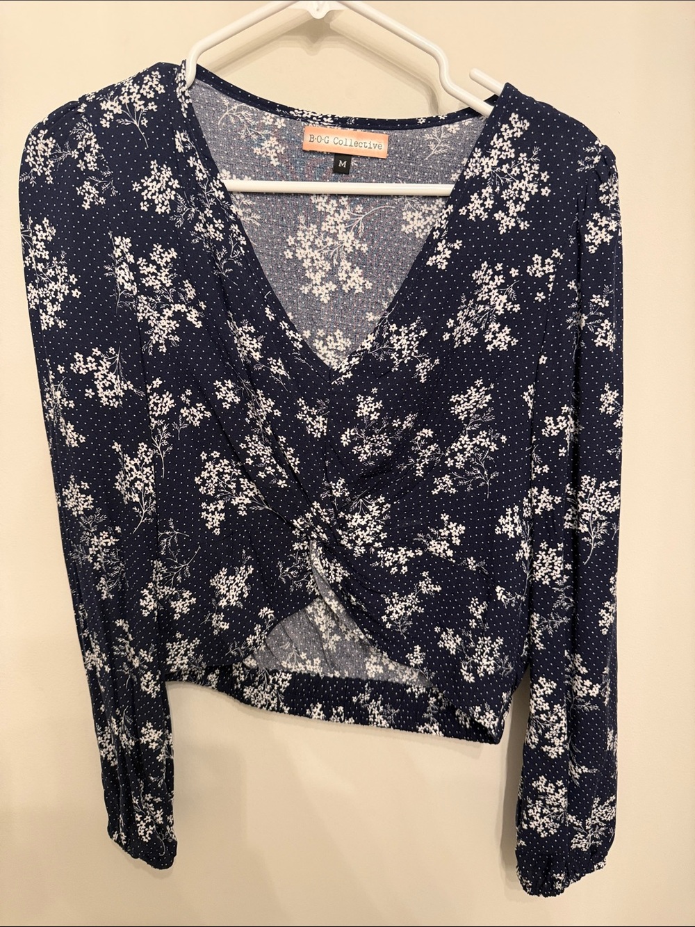BOC Collective Navy Floral Wrap-Front Long Sleeve Top
